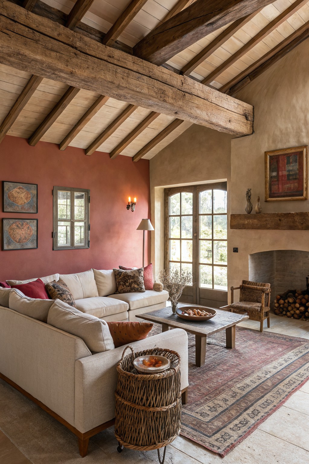 Living room with warm terracotta wall, cream sofa, wood beams, rattan chair, and fireplace opening to garden view