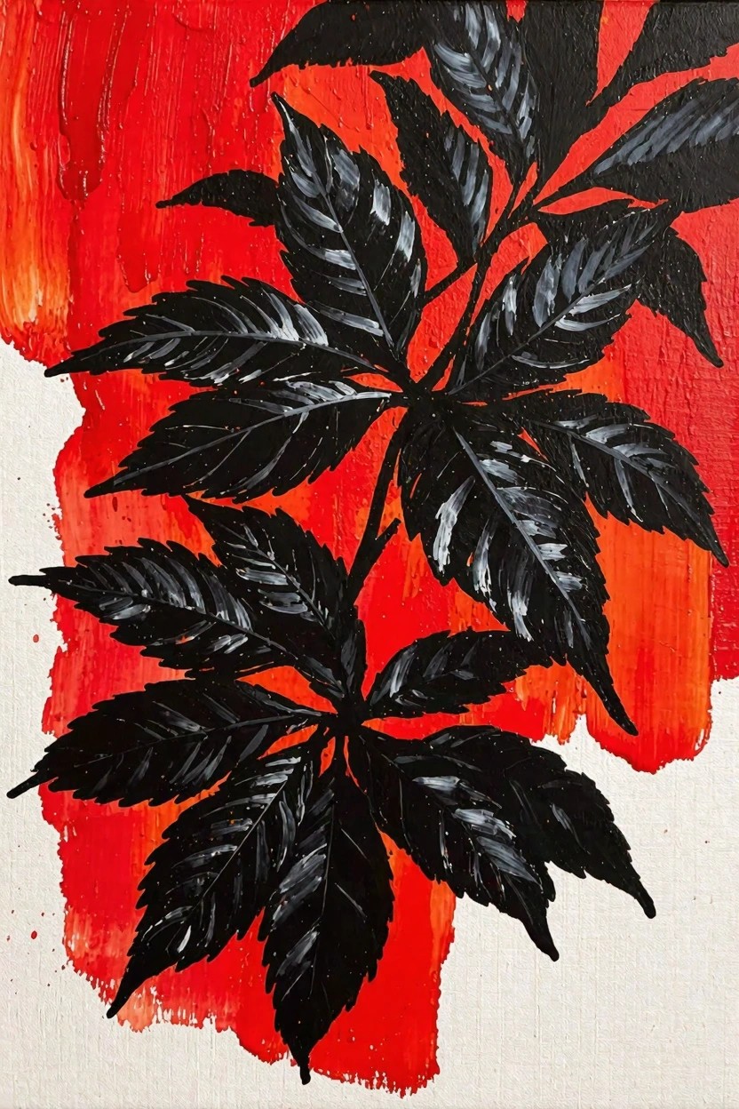 Acrylic painting of black silhouetted maple leaves arranged dynamically on a textured red and white background.