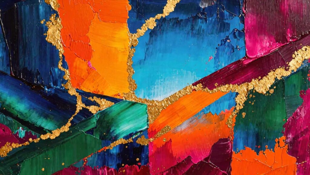 Abstract acrylic painting of jagged colorful shards in orange, yellow, blue, purple, green, and pink joined by metallic gold cracks.