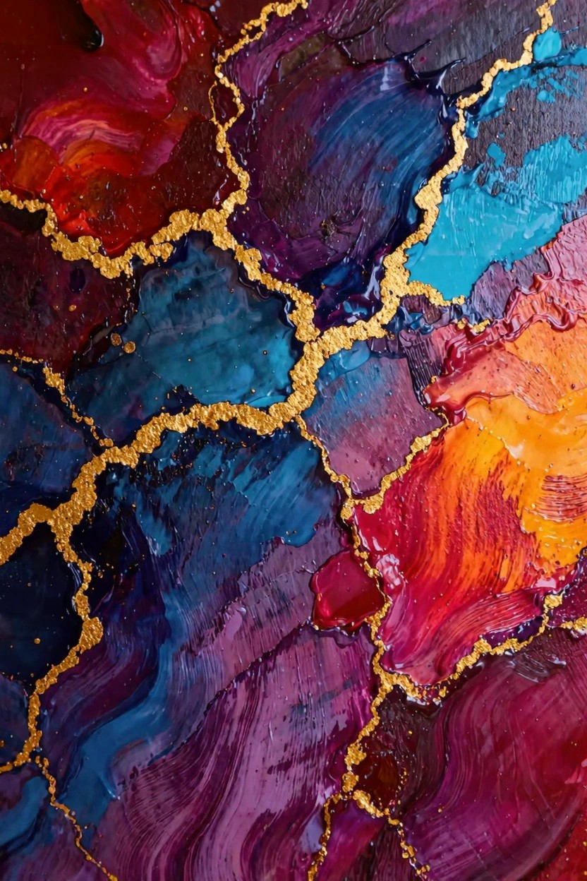 Abstract fluid painting in jewel tones of purple, blue, teal, red, and orange with gold metallic veins.