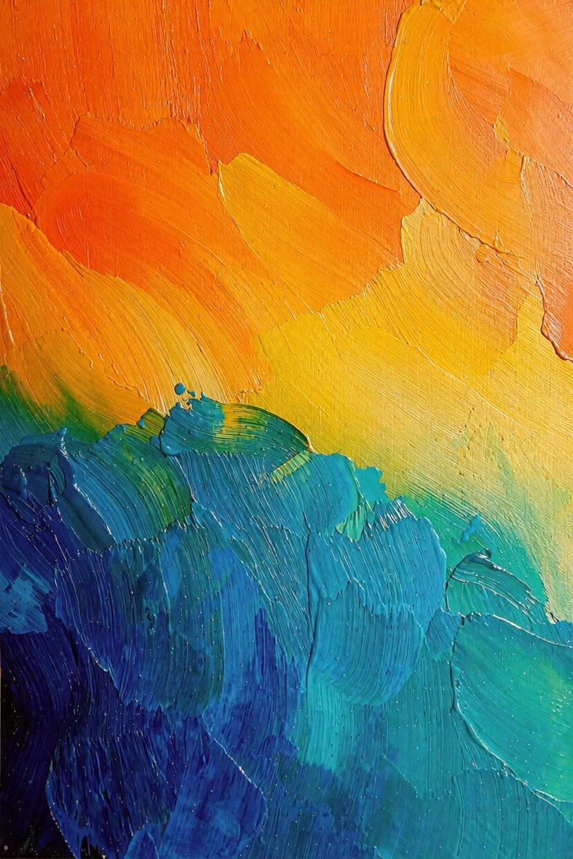 Abstract acrylic painting featuring thick orange and yellow brushstrokes at the top transitioning downward to blue and green layers.