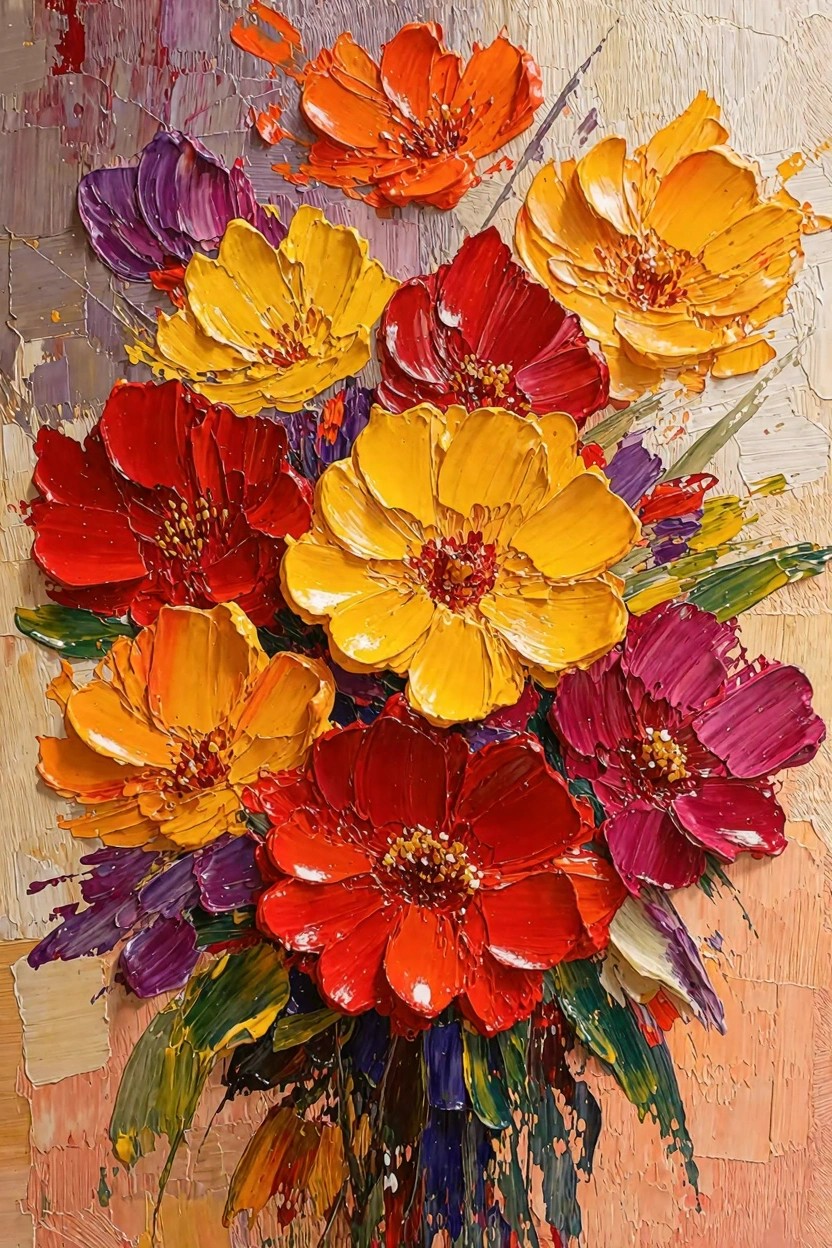 A textured impasto painting of a bouquet with large red, orange, yellow, and purple daisy-like flowers clustered together against a faded background.
