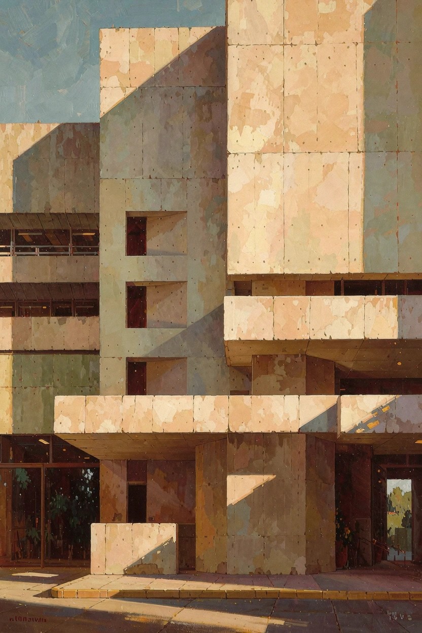 Oil painting of a multi-level brutalist concrete building facade in warm golden light with long shadows and geometric forms.