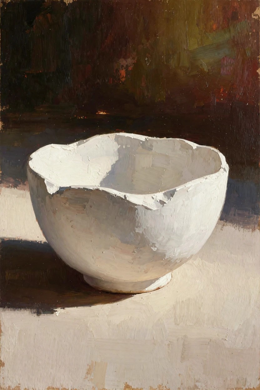 Oil painting of a textured white ceramic bowl on a light table with shadow and dark earthy background.