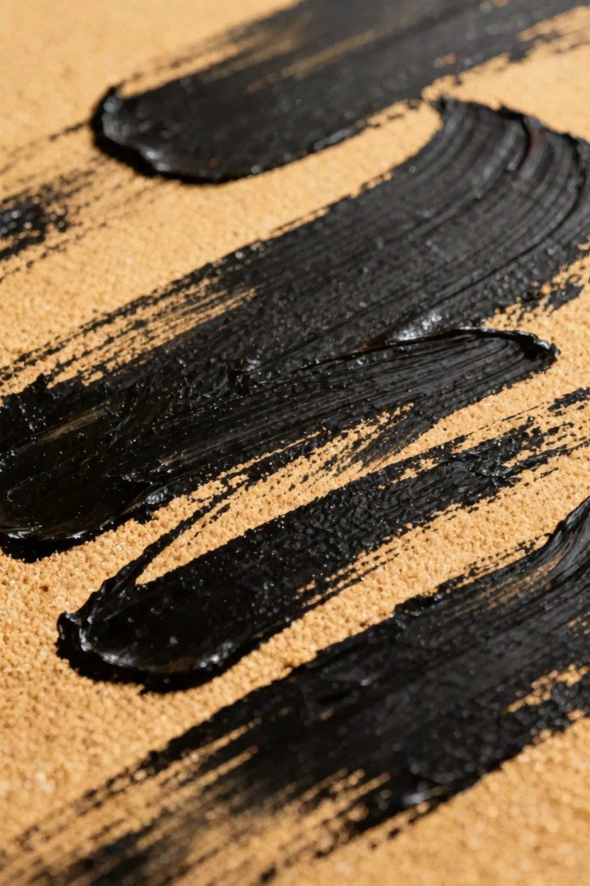 Thick black brushstrokes of oil paint layered on a textured beige background.