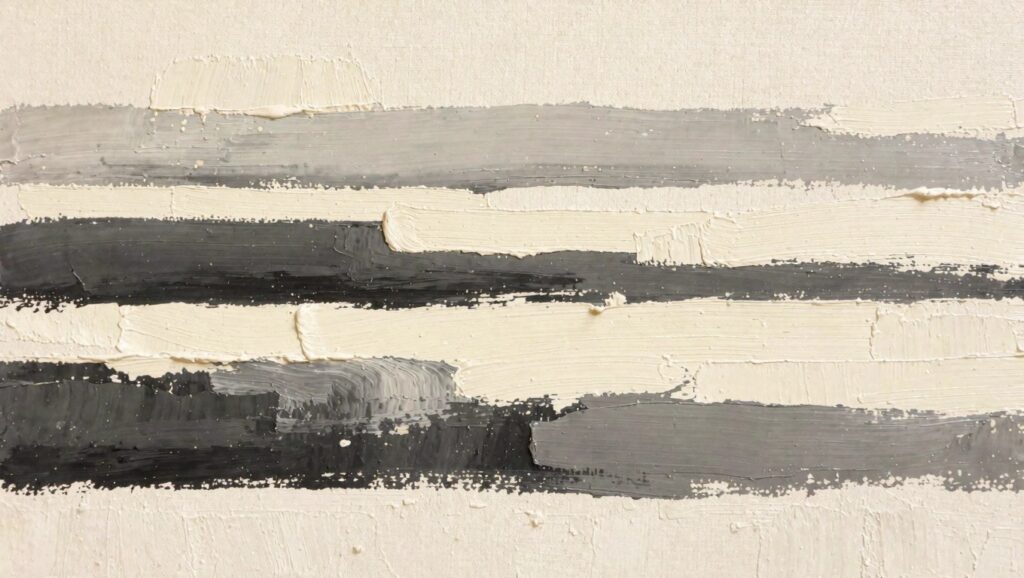 Abstract oil painting with overlapping rectangular blocks in grays, beiges, whites, and rust using heavy textured impasto.