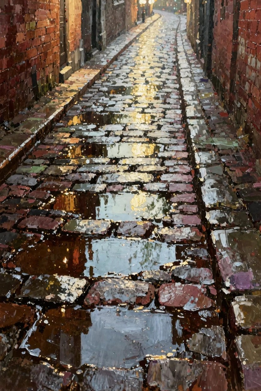Oil painting of a narrow wet cobblestone alleyway between brick walls, reflecting golden streetlamp light in puddles at dusk.