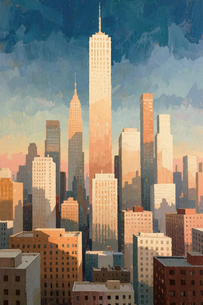 Oil painting of the Empire State Building centered in a New York City skyline at sunset with blue skies and surrounding skyscrapers in warm tones.
