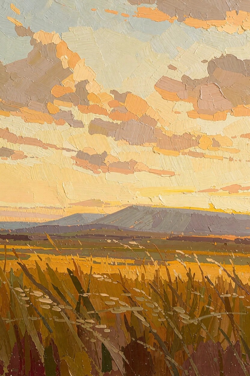 Oil painting of tall golden wheat grasses in foreground at sunset, distant mountains, and colorful cloudy sky with thick textured brushstrokes.