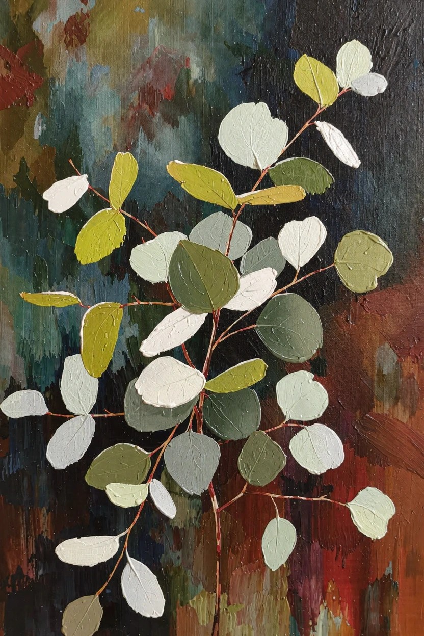 Oil painting of eucalyptus branches featuring thickly textured round leaves in white, green, and yellow against a dark abstract background blending blues, greens, reds, and blacks.