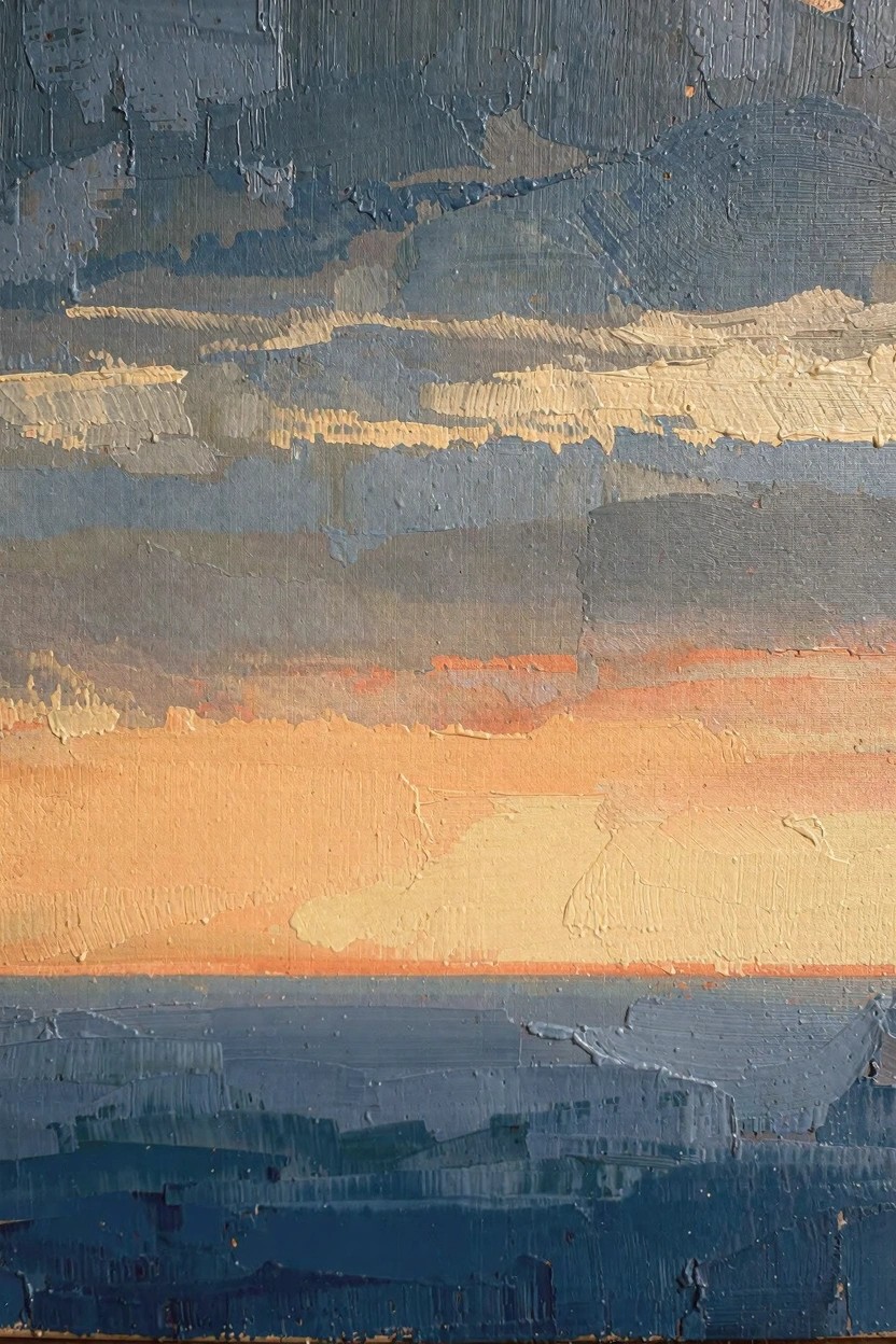 Oil painting of textured gray-blue stormy sky transitioning to orange sunset horizon over dark blue impasto ocean.