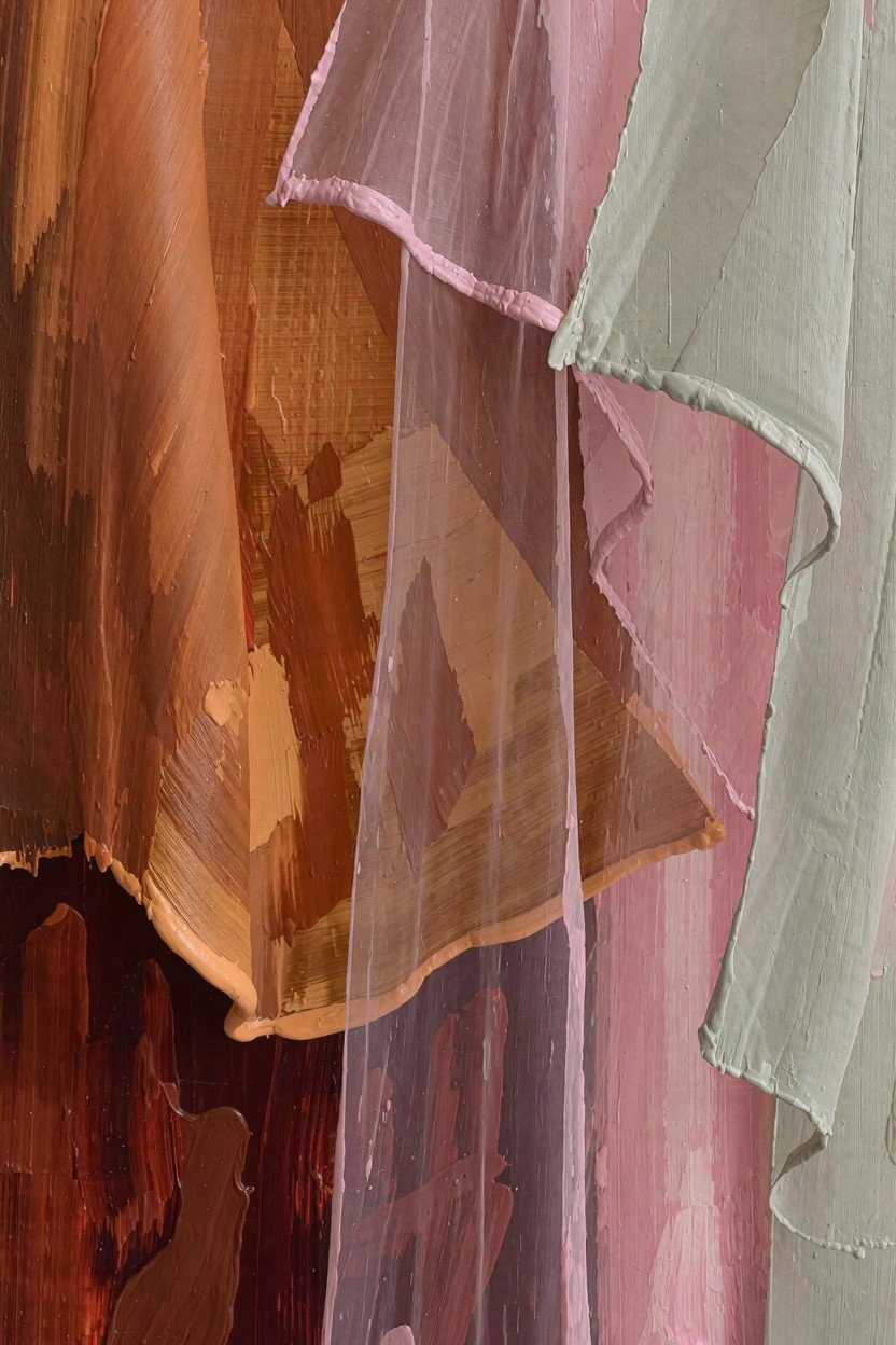 Overlapping draped fabrics in textured brown-orange tones and sheer pink-green veils against a dark background.