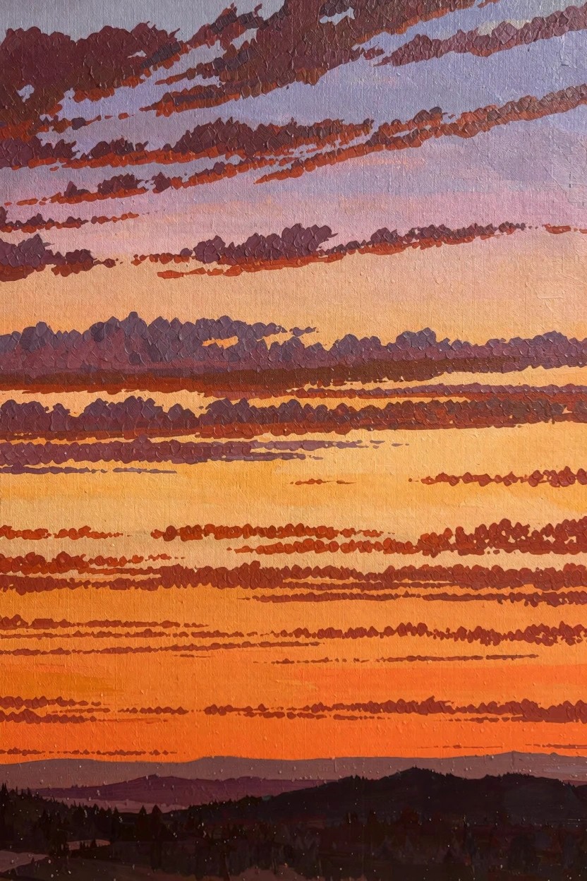 Oil painting featuring stacked horizontal layers of textured clouds in purple, red, and orange sunset tones over dark silhouetted hills and trees.
