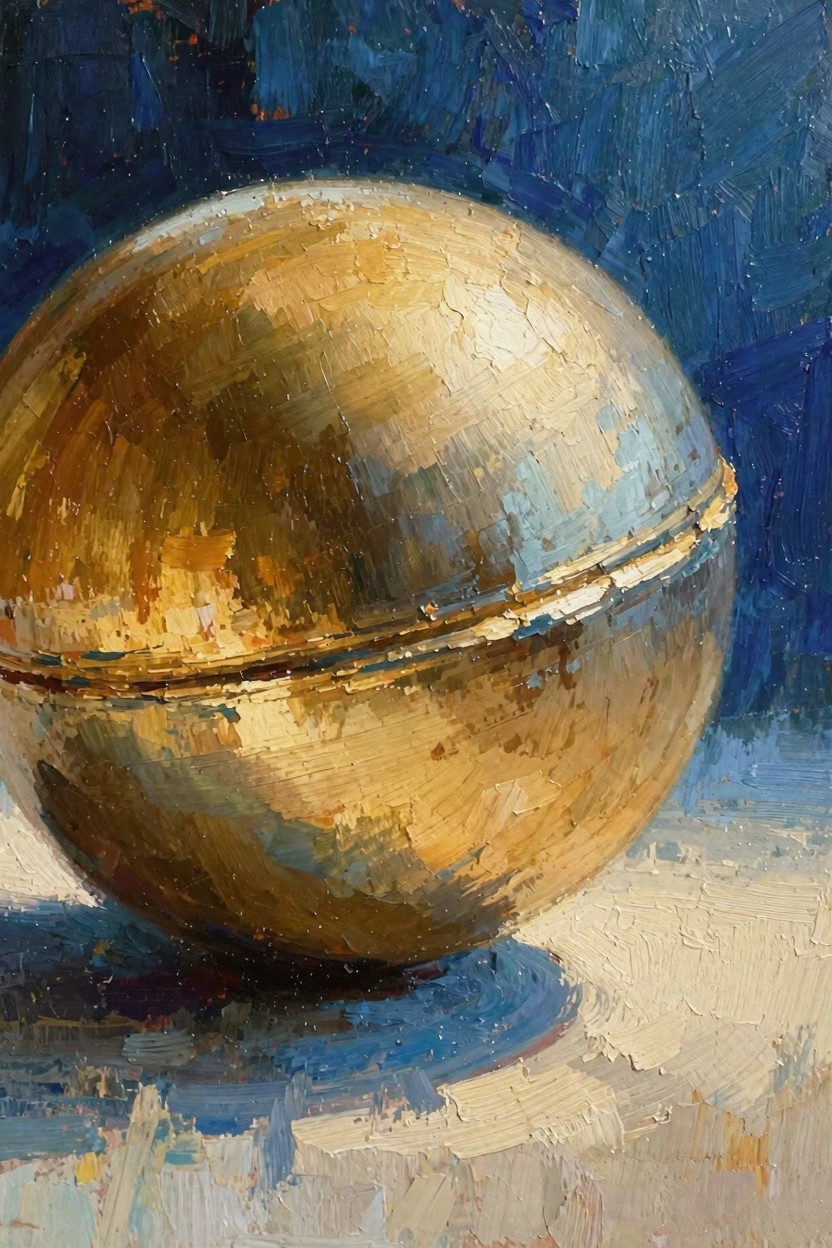 Oil painting of a textured golden metallic sphere on a light base against a dark blue background with shadow.