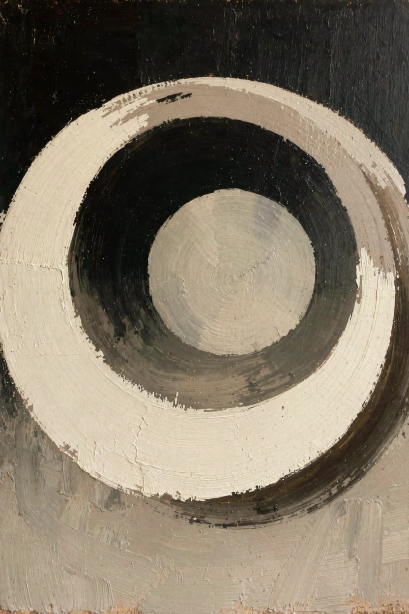 Abstract oil painting of imperfect concentric circles in grays and whites on black background with textured, layered brushwork.