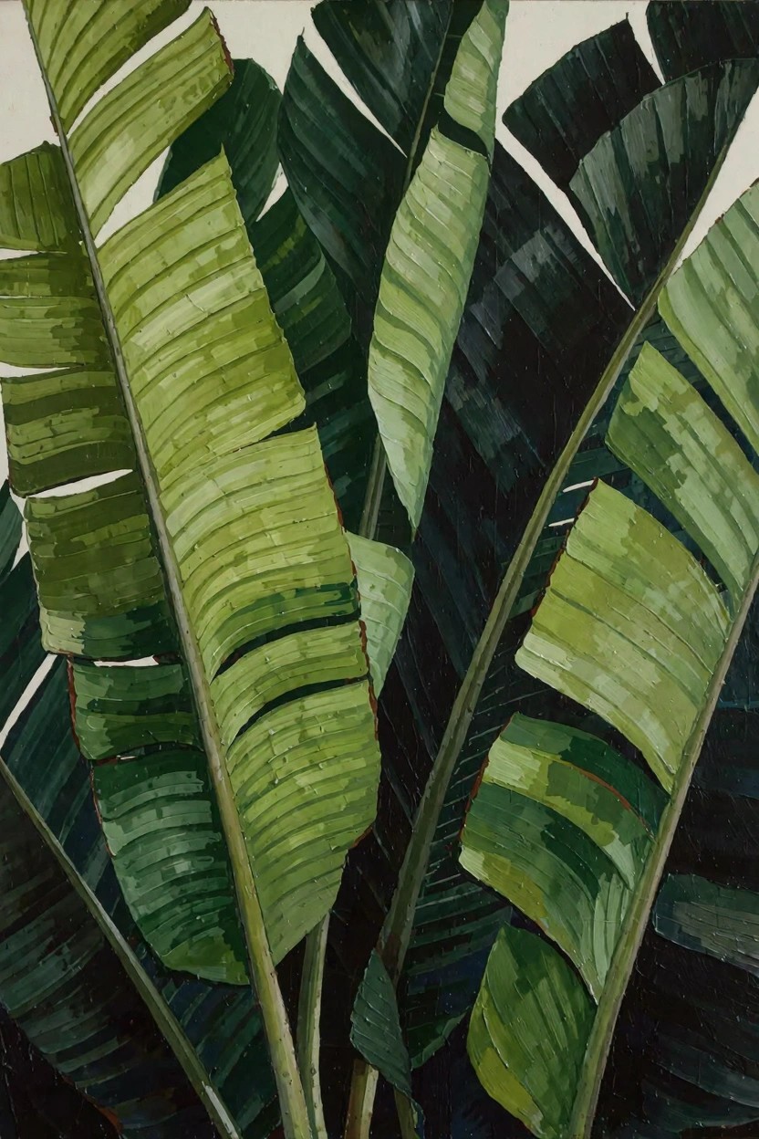 Oil painting of overlapping banana leaves in shades of green and black on a white background.