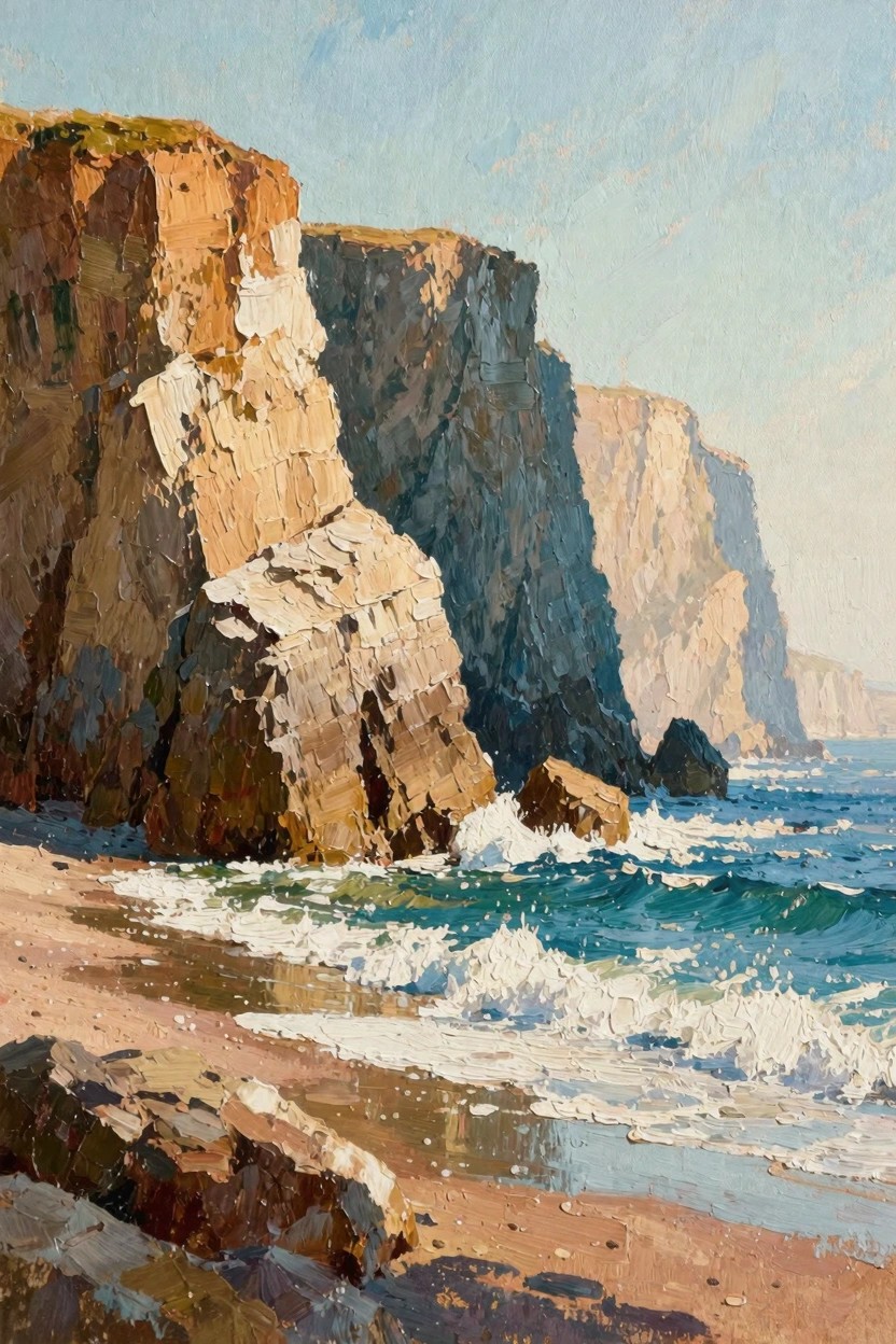 Oil painting of tall stratified orange cliffs beside a beach with turquoise waves crashing on rocks under a pale blue sky.