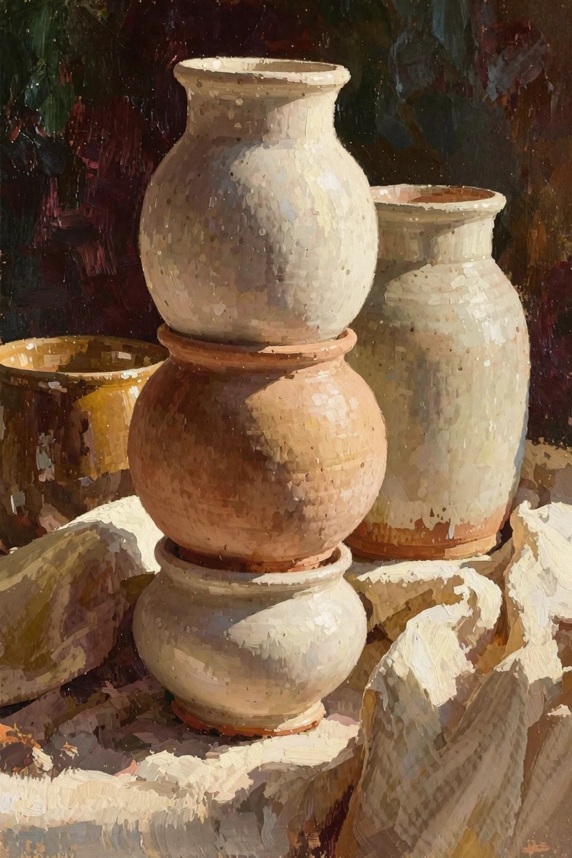 Oil painting of stacked white, beige, and terracotta ceramic pots on white fabric with rocks, lit by warm side light against a dark background.
