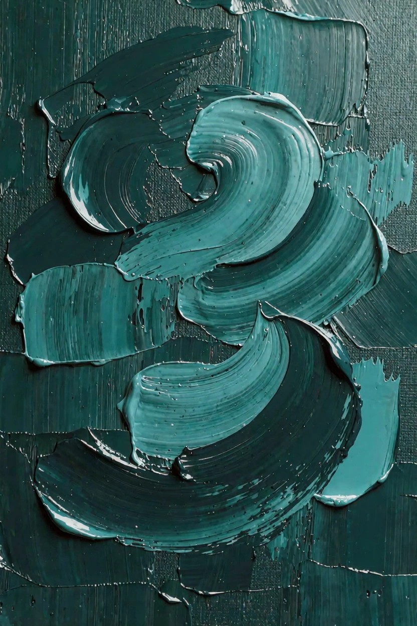 Abstract oil painting of swirling teal and emerald brushstrokes with thick impasto texture on a dark green background.