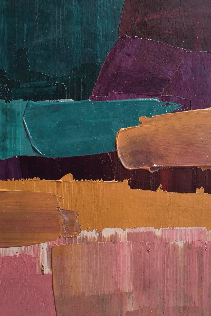 Abstract oil painting featuring thick, textured layers of teal, purple, orange, and pink paint in overlapping irregular shapes.