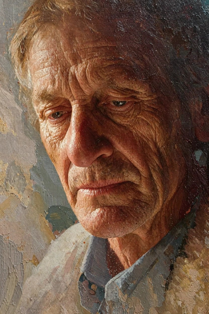 Close-up oil portrait of an elderly man with wrinkled skin, squinting eyes, mustache, and blue shirt collar under dramatic side lighting.