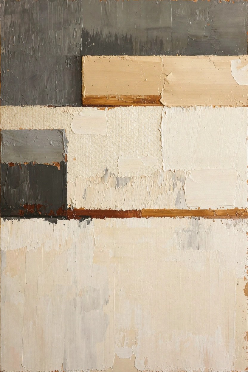 Abstract oil painting with overlapping rectangular blocks in grays, beiges, whites, and rust using heavy textured impasto.
