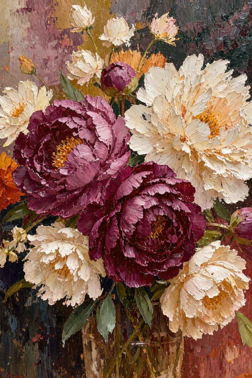 Oil painting of purple, burgundy, and white peonies in a glass vase on a dark textured background.