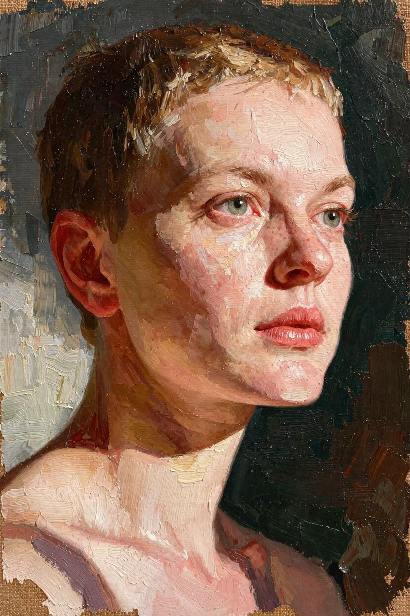 Oil portrait of a freckled young woman with short blonde hair and green eyes in three-quarter profile against a dark background with textured impasto brushwork.