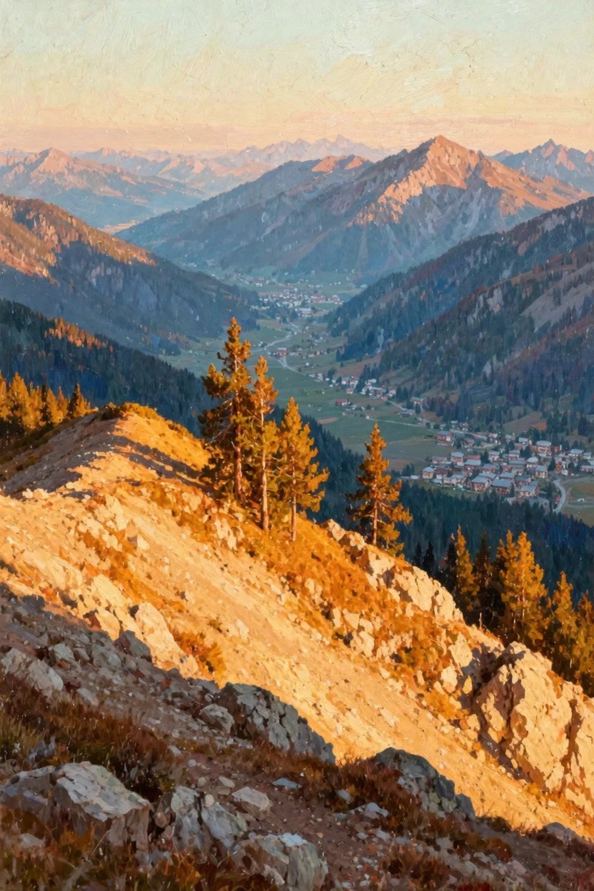 Oil painting of rocky ridge with pine trees in foreground overlooking alpine valley village, fields, and distant mountains in golden sunset light.