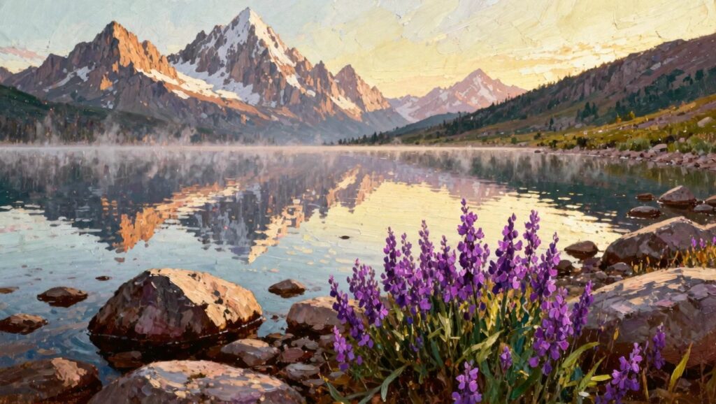 23 Serene Mountain Oil Painting Ideas For Peaceful Inspiration Oil painting of a jagged snow-covered mountain peak reflected in a misty blue lake, with purple wildflowers and rocks in the foreground.