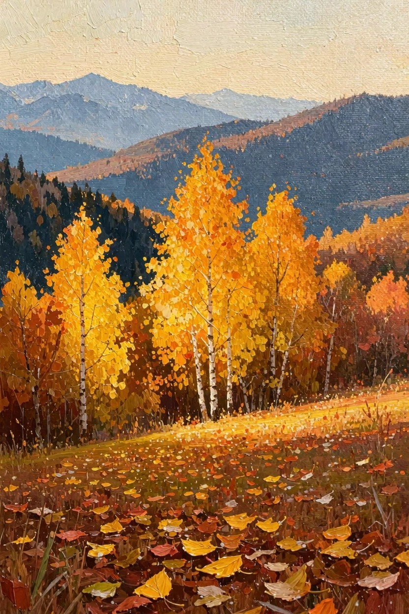 Oil painting of golden yellow aspen trees with white trunks in a leaf-strewn mountain meadow, dark pines on hills, and blue peaks under a warm sky.