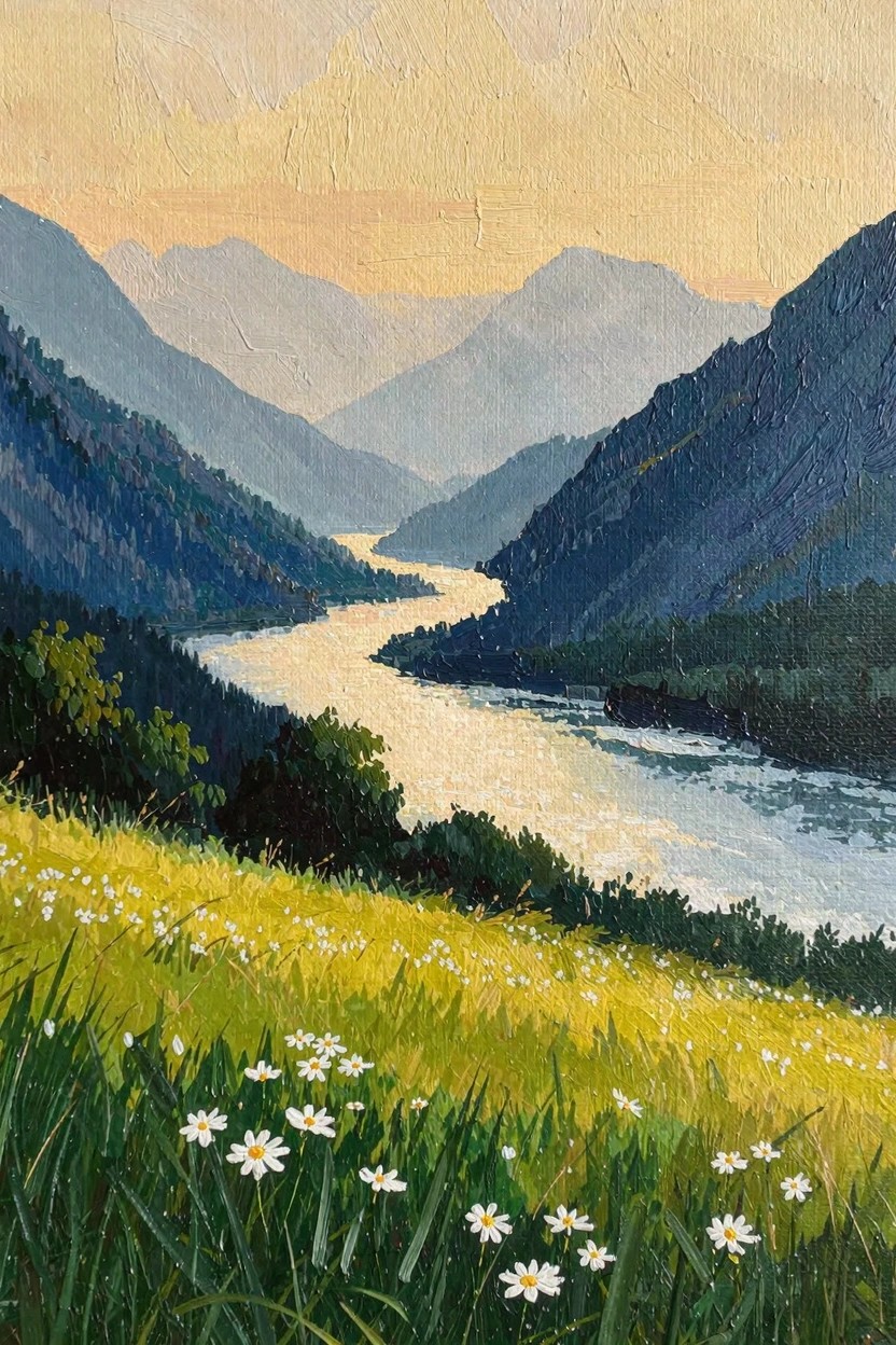 Oil painting depicting a winding river in a mountain valley with forested slopes, distant peaks, yellow grass foreground dotted with white daisies, and golden sunset sky.