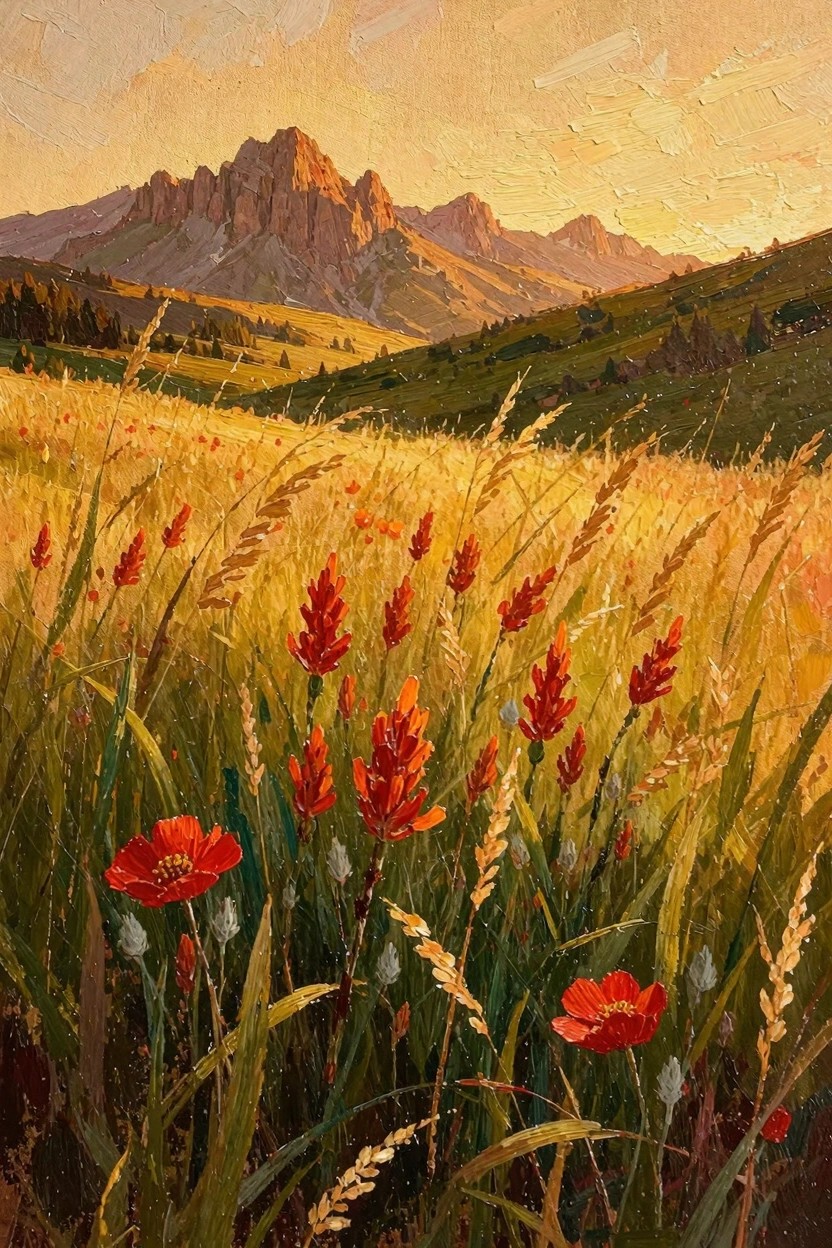 Oil painting of golden wheat field with red flowers and grasses in foreground, rolling green hills with pines, and jagged orange-lit mountains under yellow sunset sky.