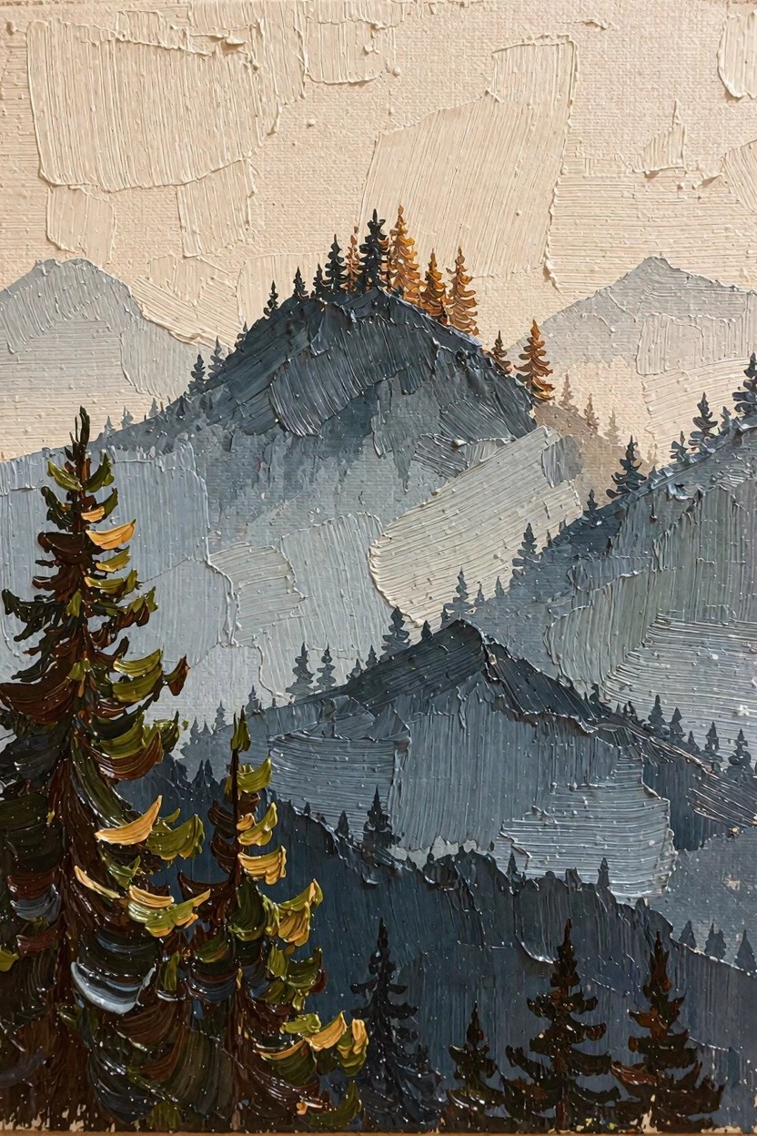 Textured oil painting of layered blue-gray mountains under a hazy sky with prominent foreground pine trees in dark green, brown, and yellow tones.
