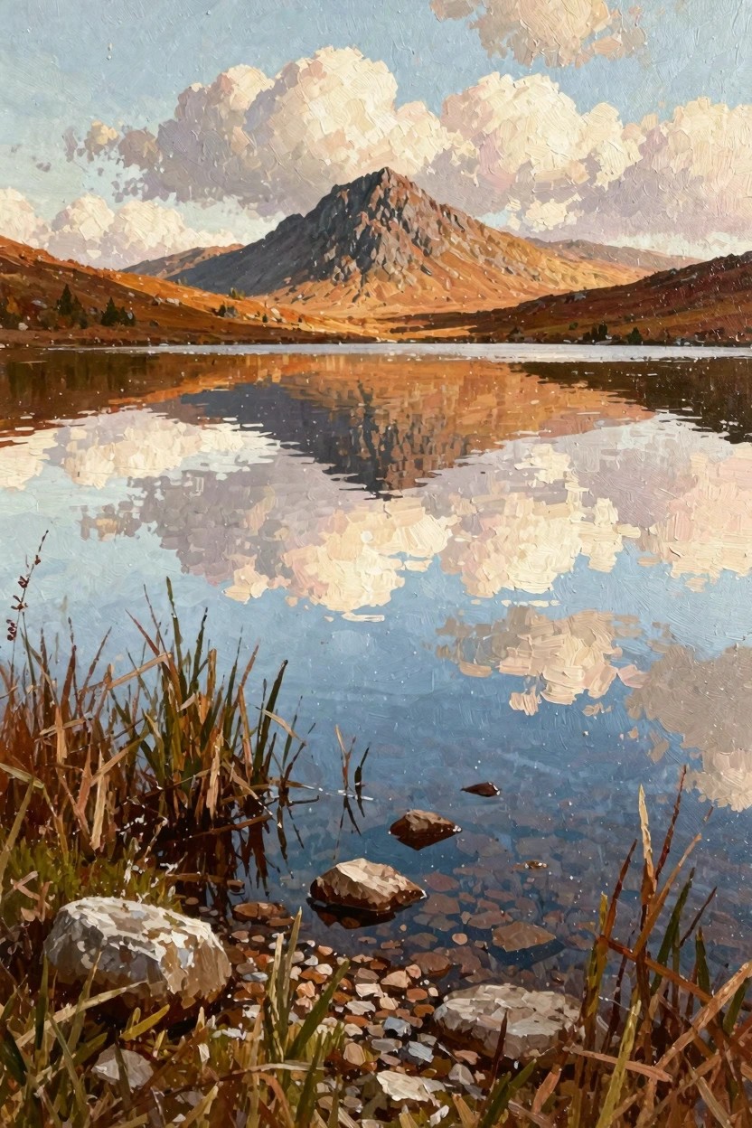 Oil painting of a tall rugged mountain reflected in a still lake amid autumn hills, with fluffy clouds overhead and reeds plus rocks in the foreground.
