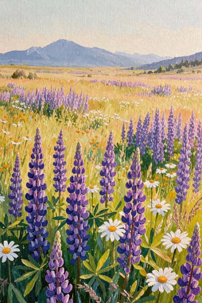 Watercolor painting of purple lupine flowers and white daisies in golden grass with distant blue mountains and soft sky.