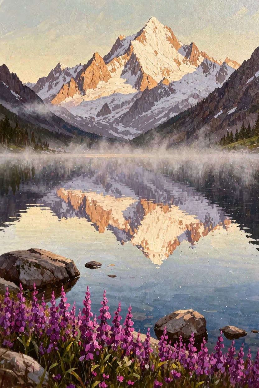 Oil painting of a jagged snow-covered mountain peak reflected in a misty blue lake, with purple wildflowers and rocks in the foreground.