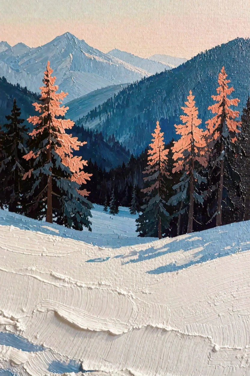 Oil painting of a snowy mountain valley with orange larch trees, dark pines, blue forests, and textured white snow in the foreground.