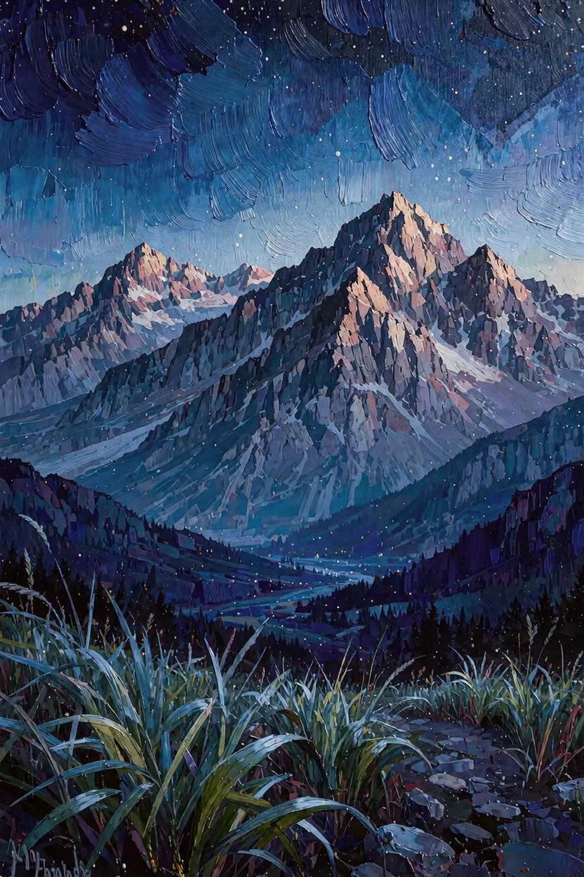 Textured oil painting of a starry night sky swirling over snow-capped mountains, with a dark valley containing trees and a stream, plus foreground tall grasses along a path.