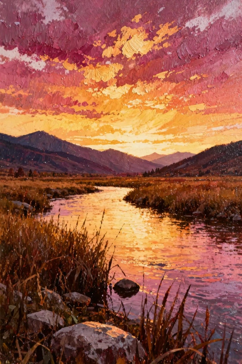 Oil painting depicts a vibrant pink-orange sunset over mountains, with a winding golden river through brown grasses and rocks in the foreground.