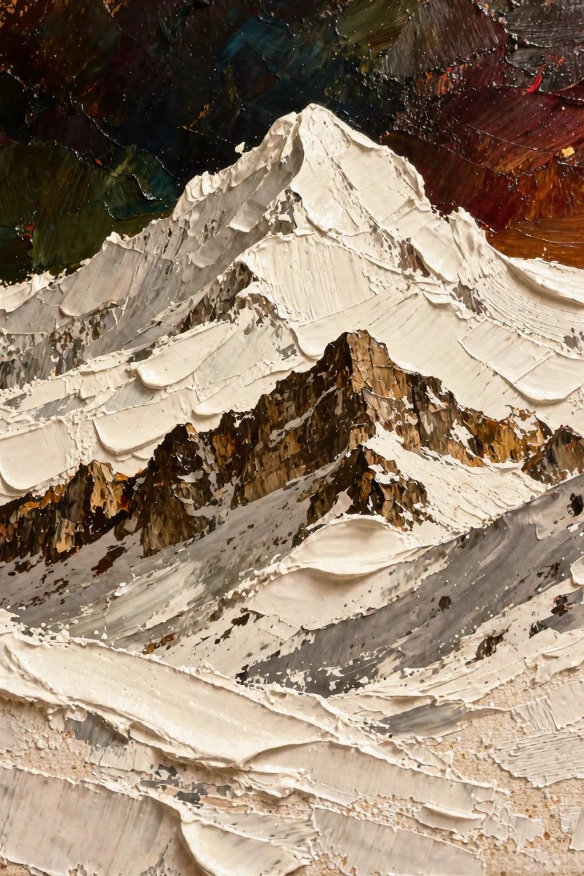 Oil painting of a snow-capped mountain with thick white impasto texture against a multicolored sky of blues, greens, reds, and oranges.