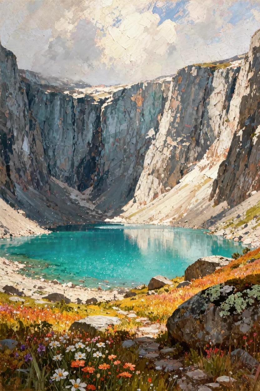 Oil painting of turquoise lake in gray mountain cirque with wildflowers, rocks, and cloudy sky.