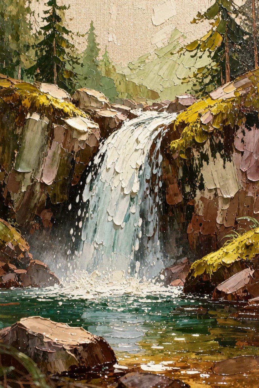 Textured oil painting of a waterfall cascading between moss-covered rock cliffs into a foreground pool amid pine trees.