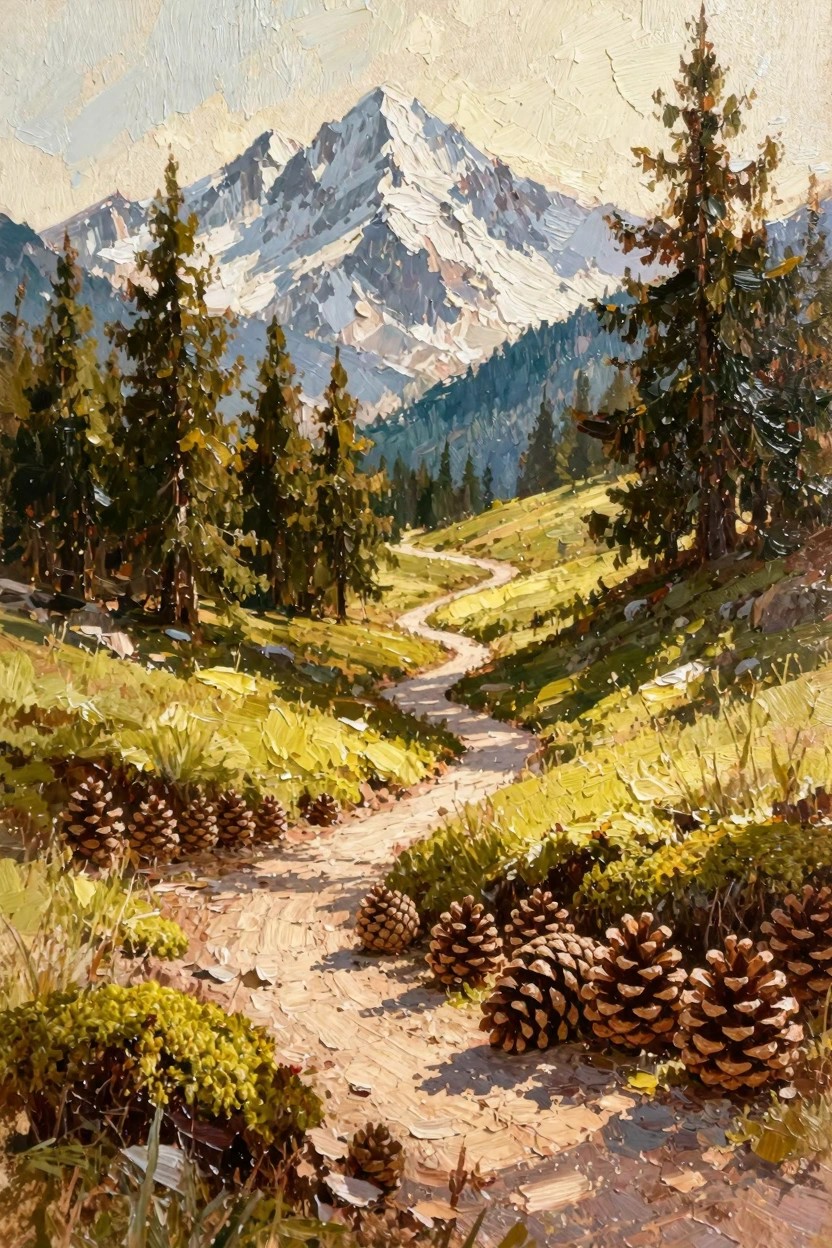 Oil painting depicting a winding dirt path through green meadows with pine trees, pinecones, and snow-capped mountains in the background.