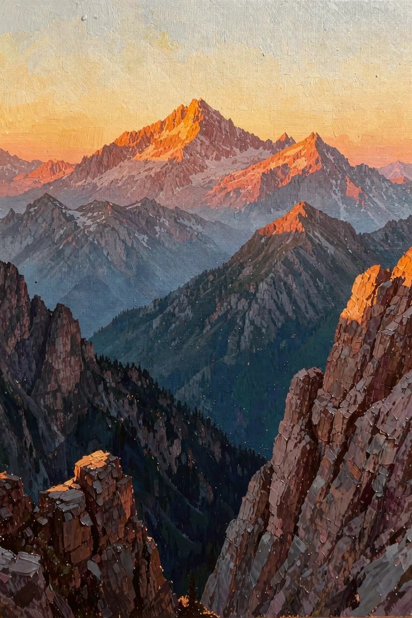 Oil painting of jagged snow-capped peaks glowing orange in sunset light over blue-shadowed ridges, cliffs, and green valleys.