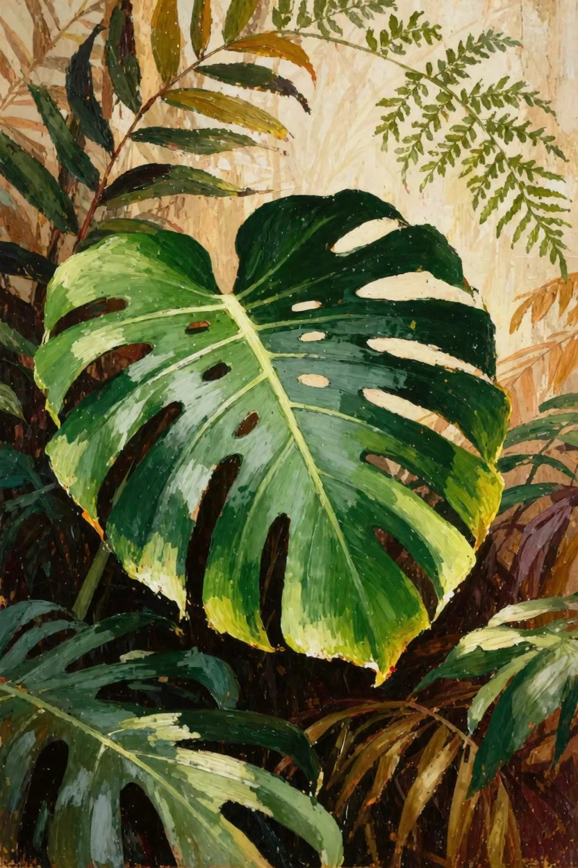 Oil painting featuring a large central Monstera leaf with holes and veins surrounded by ferns, palms, and tropical greenery on a beige background.