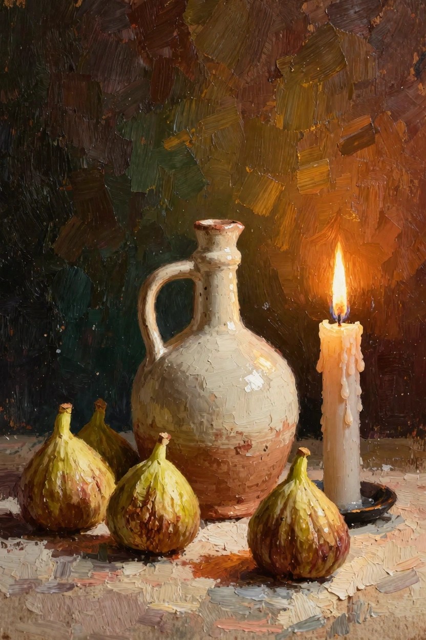 Oil painting still life of four green and purple figs, a white terracotta jug with handle, and a lit dripping white candle on a wooden table against a dark green and brown background.