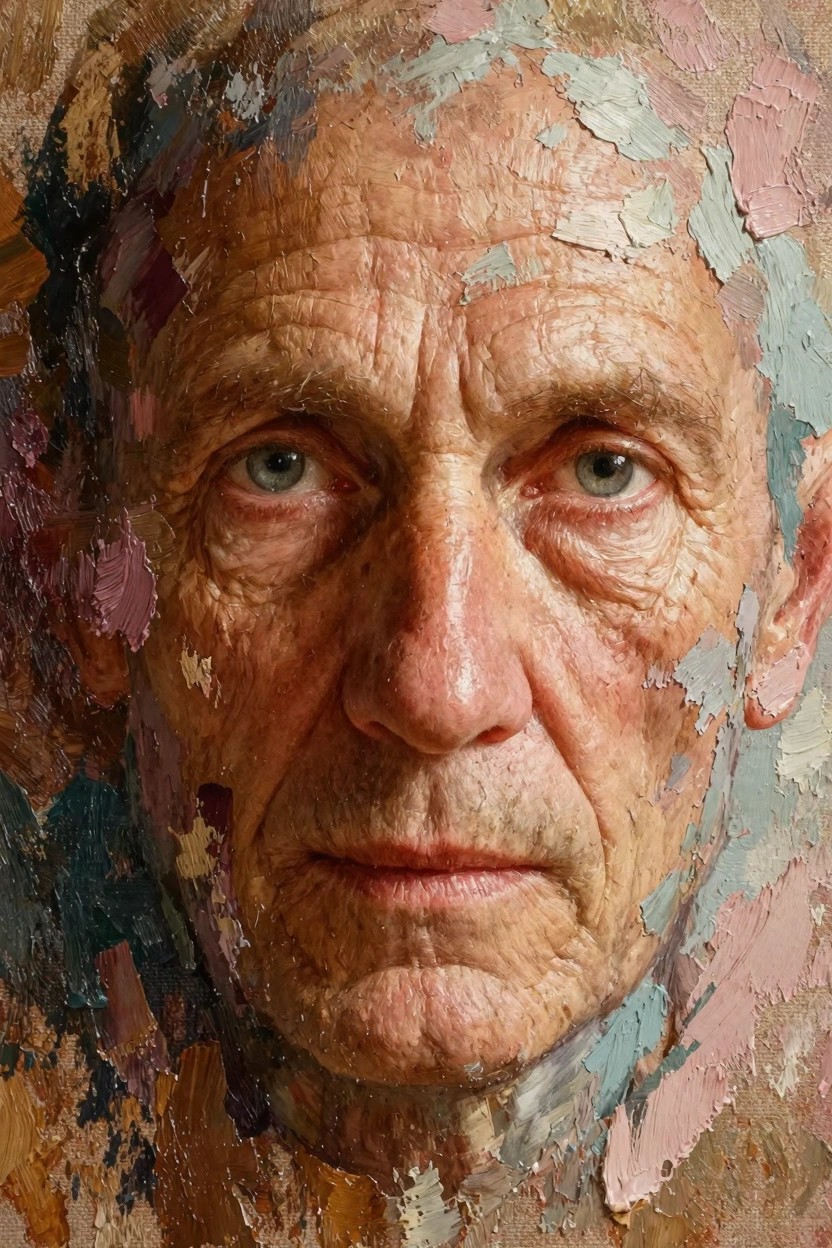 Close-up oil portrait of an elderly man with wrinkled skin rendered in thick, cracked impasto paint layers of pinks, greens, and earth tones.