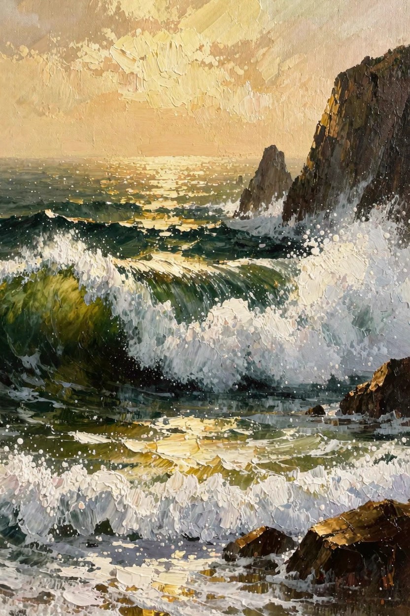 Oil painting of turbulent green waves crashing against dark rocky cliffs under a golden sunset sky with light reflections on the sea.