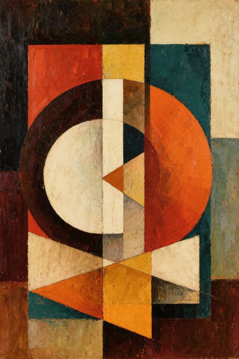 Abstract oil painting with overlapping geometric shapes including circles, triangles, and rectangles in red, orange, yellow, green, blue, black, and white on a textured canvas.